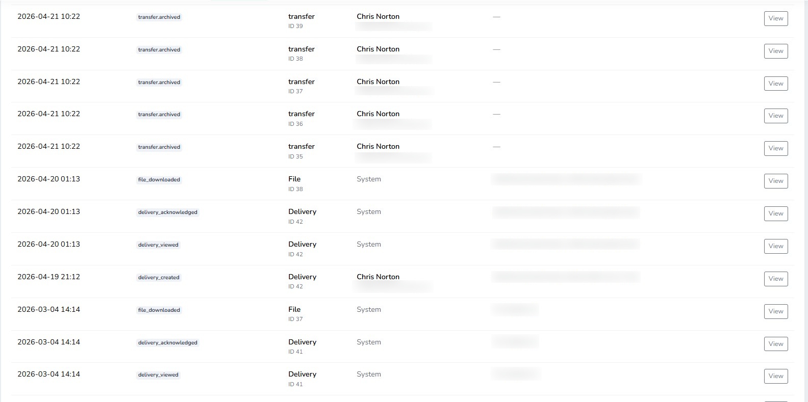 Audit log screen in Health Record Relay