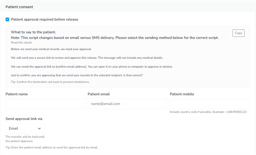 Patient consent workflow via email in Health Record Relay